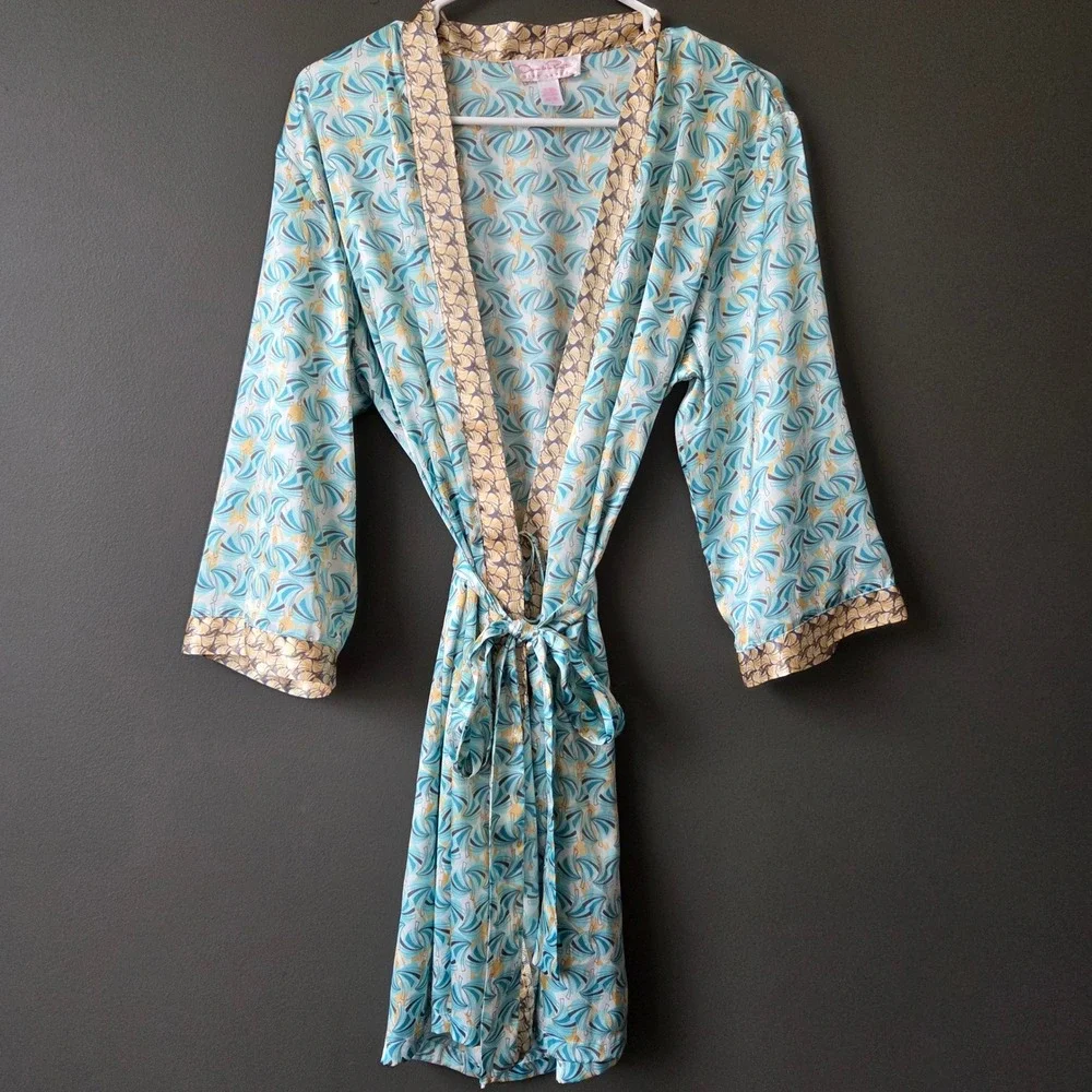 Oscar de la Renta Pink Label Satin Robe S Turquoise Gold Fan Print Kimono Wrap